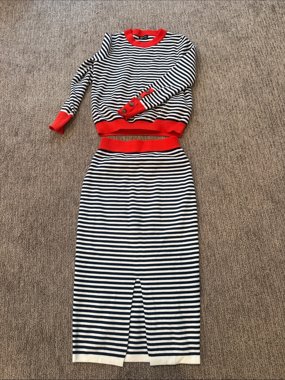 Striped Knit Skirt Set in Navy, White & Red Accent